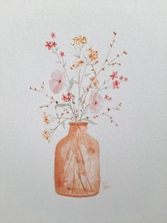 a watercolor painting of a vase with flowers in it on a white paper background