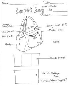 a handbag is shown with labels on the front and back side, labeled in black ink