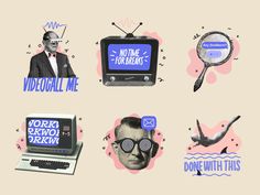 an assortment of stickers depicting different types of media