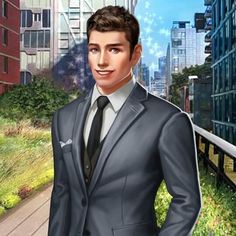 a man in a suit and tie standing next to a cityscape with skyscrapers