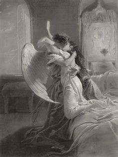 an angel is hugging a woman on the bed