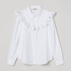 Brand New With Tags. 100% Cotton. Description & Fit Shirt In Woven Cotton Fabric. Collar, Buttons At Front, And Yoke At Front With Wide Ruffle Extending Over Shoulders. Long Sleeves With Buttons At Cuffs. Rounded Hem, Slightly Longer At Back. H&m Blouse With Buttons For Work, Elegant H&m Tops With Buttons, Elegant H&m Top With Buttons, H&m Buttoned Tops For Workwear, H&m Office Tops With Button Closure, Chic H&m Shirt With Buttons, H&m Collared Blouse For Work, H&m Collared Tops For Workwear, H&m Office Blouse With Buttons