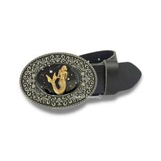 "Make your accessories mean more with our unique hand painted belt buckles. This fantastic buckle pulls your look together and a great addition to any look. PRODUCT FEATURES: * Exceptional quality and design for men and women * Available in a variety of colors, and it will stand out and add a fun focal point. * Perfect for those shopping for that hard to please person in their life this makes a great gift! * Uniquely designed - Art on your belt. Using the buckle as my canvas, I start by free-hand painting the enamel and cures in a hard surface with a smooth high gloss finish. An intricate process that produces a sturdy and flawless look.  * Best Gift For Yourself or Your Loved Ones! * The Belt Buckle arrives in an elegant box and ready to give as a gift. ITEM: Large statement high quality Mermaid Belt, Gold Mermaid, Tanning Oil, Black Leather Belt, 24kt Gold, Suspender Belt, Free Hand, Belt Buckle, Pure Silver