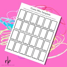 the printable guess who template is shown on a pink background with colorful streamers