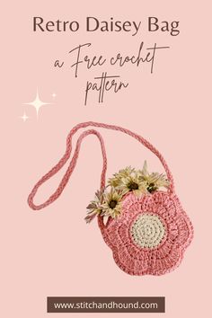 hand-crocheted retro, daisy purse Crochet Toddler Purse Pattern Free, Small Bag Crochet Pattern Free, Flower Crochet Purse, Crochet Flower Purse, Crochet Toddler Purse, Crochet Patterns For Purses, Small Crochet Flower, Crochet Backpacks, Crochet Flower Bag