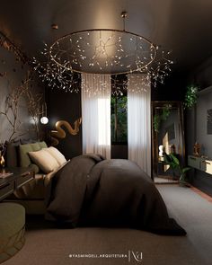 a bedroom with a bed, mirror and chandelier hanging from it's ceiling