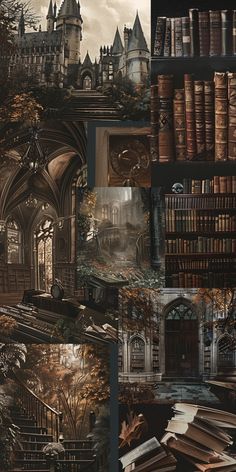 a collage of photos with books, stairs and castle in the backround