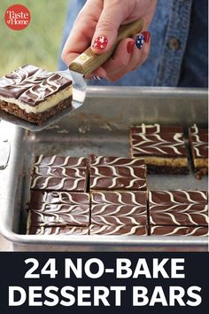 a person is holding a knife over some dessert bars on a tray with the words 24 no - bake dessert bars