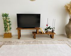 a flat screen tv sitting on top of a wooden table next to potted plants