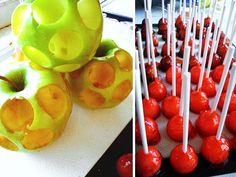 there are two pictures one has apples and the other has candies on sticks in it