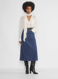 LIMELIGHT MAXI DENIM SKIRT White Denim Maxi Skirt, Long Jean Skirt Outfits, Denim Maxi Skirt Outfit, Maxi Denim Skirt, Midi Denim Skirt, Jean Skirt Outfits, Long Jean Skirt, Mini Pleated Skirt, Midi Denim