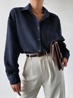 Navy Blue Casual Collar Long Sleeve Corduroy Plain Shirt Embellished Non-Stretch Fall/Winter Women Clothing Chique Outfits, Mode Casual, Outfits Casuales, Look Fashion, Classy Outfits, Shirt Outfit