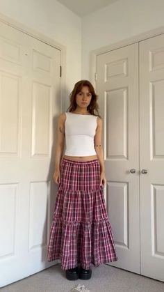 Momcore Aesthetic Outfits, Between Summer And Fall Outfits, Clairo Concert Fits, Fun Skirt Outfits, Red Gingham Skirt Outfit, Big Skirt Outfit, Long Dresses Outfit, Layering Outfits Summer, Funky Summer Outfits