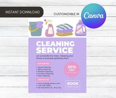 a flyer for cleaning service on a white wooden background with the words, instant printable in