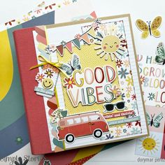 a card with an image of a bus and flowers on it, surrounded by other cards