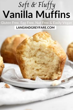 a muffin is cut in half and sitting on a white plate with the words, soft & fluffy vanilla muffins