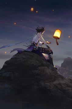 a woman sitting on top of a rock next to a lantern in the night sky