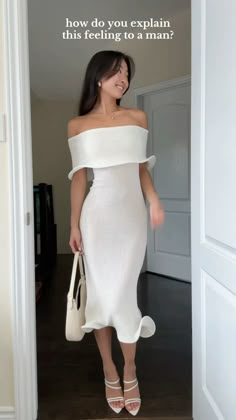 https://www.meshki.us/products/molly-off-shoulder-knit-midi-dress-sky-blue Proposal Dress Outfit Women, White Midi Dress Aesthetic, Elegant White Dress Classy Chic, Midi White Dress Wedding, White Meshki Dress, Elegant Winter Dresses, White Midi Dress Outfit, Midi Dresses Formal, Meshki Dresses White