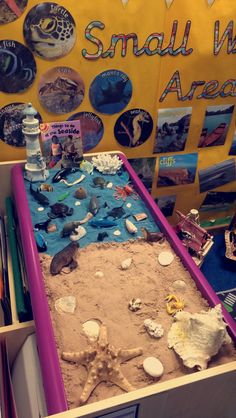 a sand tray with small animals and rocks in it on a table next to a sign that says small world area