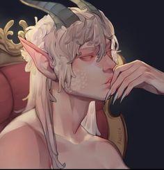 an animated image of a male elf with horns on his head and hands near his face