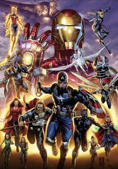 the avengers movie poster is shown with many different characters in front of an iron man