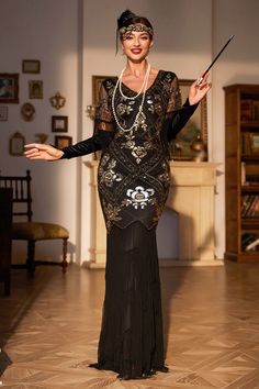 Zapaka Frauen Schwarz 1920er Flapper Kleid V-Ausschnitt lange Ärmel Vintage Kleid mit Fransen – ZAPAKA DE 1920s Formal Dress, 1920s Prom Dress, Roaring 20s Party Dress, Black Flapper Dress, 20s Fashion Dresses, Long Sleeve Vintage Dresses, Great Gatsby Dresses, Fringe Flapper Dress