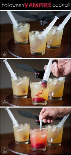 three different shots are being made with halloween vampire cocktails, and one is holding a knife