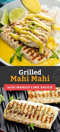 grilled mahi mahi with mango lime sauce on the grill, served over rice