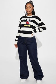 Available In Black/combo. Disney Pullover Sweater Vintage Mickey Mouse Graphic Striped Long Sleeve Crew Neck Cropped Ribbed Hem Disclaimer: Stripe Placement Will Vary. 60% Cotton 40% Acrylic Imported | Vintage Mickey Mouse Striped Sweater in Black size 1X by Fashion Nova Extra Outfits, Shirts And Pants, Things I Wanna Buy, Sweater Jumpsuit, Vintage Mickey Mouse, Nice Clothes, Vintage Mickey, Sweater Vintage, Women Hoodies Sweatshirts