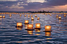 many lit candles floating in the water