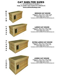 three different types of cat houses with instructions for each house and the names on them