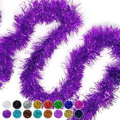 purple tinsel garlands with different colors and sizes