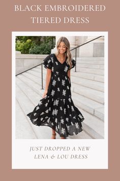 Who doesn't love the classic black and white dress.  The new Lena & Lou black embroidered tiered dress is a must have in your closet.  The white embroidered flower clusters are timeless and so is the style of this dress.
Sizes x-small to x-large and plus size 1x to 3x Floral Texture, Black And White Dress, Black N White Dress, Tiered Dress, Modest Dresses, Plus Size Dress, High Neckline, Embroidered Flowers, Flutter Sleeve