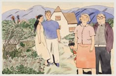 an old family standing in front of a house with mountains in the backgroud