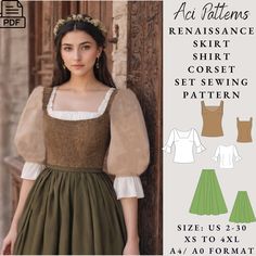 Renaissance Medieval Skirt, Shirt and Corset Set Pattern, Fairy, Regency, Elf dress, Midi Skirt, Elegant Dress, A0 A4 US Letter-US 2 to 30  Available as an instant download (pdf) sewing pattern bundle with a range of size options, including plus sizes ⭐US Sizes: 2, 4, 6, 8, 10, 12, 14, 16, 18, 20, 22, 24, 26, 28, 30 ⭐Standard Sizes: XS, S, M, L, XL, 2XL, 3XL, 4XL ⭐These patterns are suitable for A4, A0, and US Letter size papers. ⭐Once your payment is processed, you will automatically receive do Medieval Skirt, Elf Dress, Skirt Elegant, Set Patterns, Sewing Pattern Sizes, Dress Maxi, Pdf Sewing Patterns, Elegant Dress, Dress Pattern