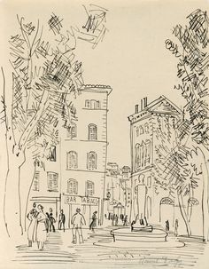 an ink drawing of people walking down the street in front of some buildings and trees