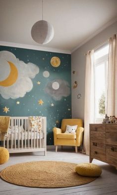 a baby's room decorated in yellow and blue with stars, moon and clouds painted on the wall