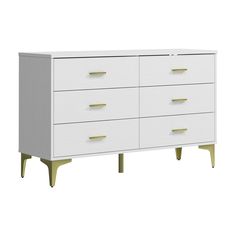 a white dresser with four drawers and two gold handles on each drawer, against a white background