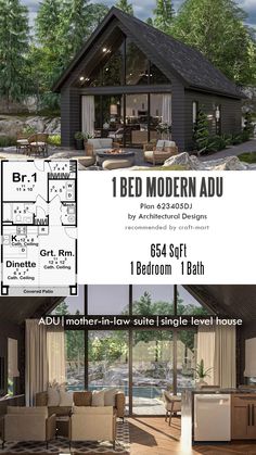 an advertisement for a modern house in the middle of a wooded area with furniture and decor