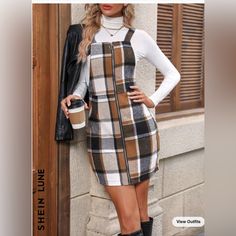 (M) Shein Zip Up Overall Plaid Dress. Brand New. Will Ship In Original Packaging. Plaid Dress Fall, Shein Dress, Holiday Party Dresses, Ruffle Hem Dress, Brown Plaid, Dress For Short Women, Overall Dress, Plaid Print, Plaid Dress