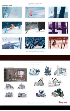 the concept art for disney's frozen world is shown in multiple different angles and sizes