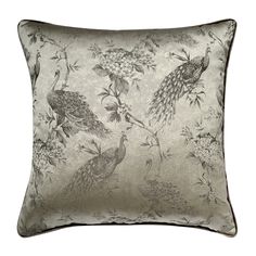 a decorative pillow with peacocks and flowers on the front, in grey velvet fabric