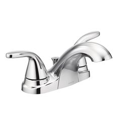 a chrome faucet with two handles