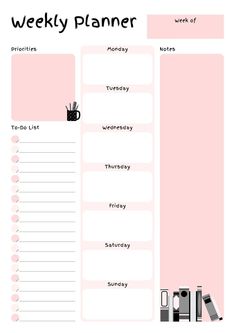 a pink planner with the words weekly planner written in black and white, on top of it