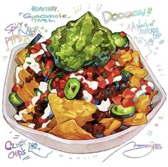 a bowl filled with taco salad and tortilla chips on top of it