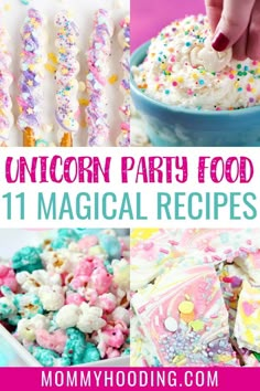 unicorn party food with rainbow sprinkles and marshmallows in a bowl