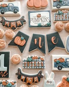 platter of custom design cookies with a pumpkin farm theme for  a first birthday. Plaid Cookies, Design Cookies, Cookies Pumpkin, One Year Birthday, Pumpkin Birthday, Pumpkin Farm