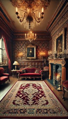 an ornate living room with chandelier, couches and rug on the floor