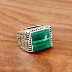 Malachite Ring Men, Luxury Silver Men's Emerald Ring, Mens Emerald Rings Sterling Silver, Handmade Malachite Ring Jewelry, Luxury Green Sterling Silver Men's Ring, Sterling Silver Mens Rings, Sterling Silver Mens