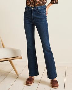 Instantly slimming jeans, with a high rise and a bootcut silhouette. The super-sculpting cotton blend delivers an impeccable fit.  By DL1961. Zip fly with button closure. Traditional five-pocket styling. Dark-Wash Indigo has subtle fading and whiskering, and raw hems. Classic Flare Jeans With Frayed Hem For Fall, Pants Women Fashion, Garnet Hill, Slim Jeans, Back To Black, Eileen Fisher, Jeans Shop, Fashion Pants, Bootcut Jeans